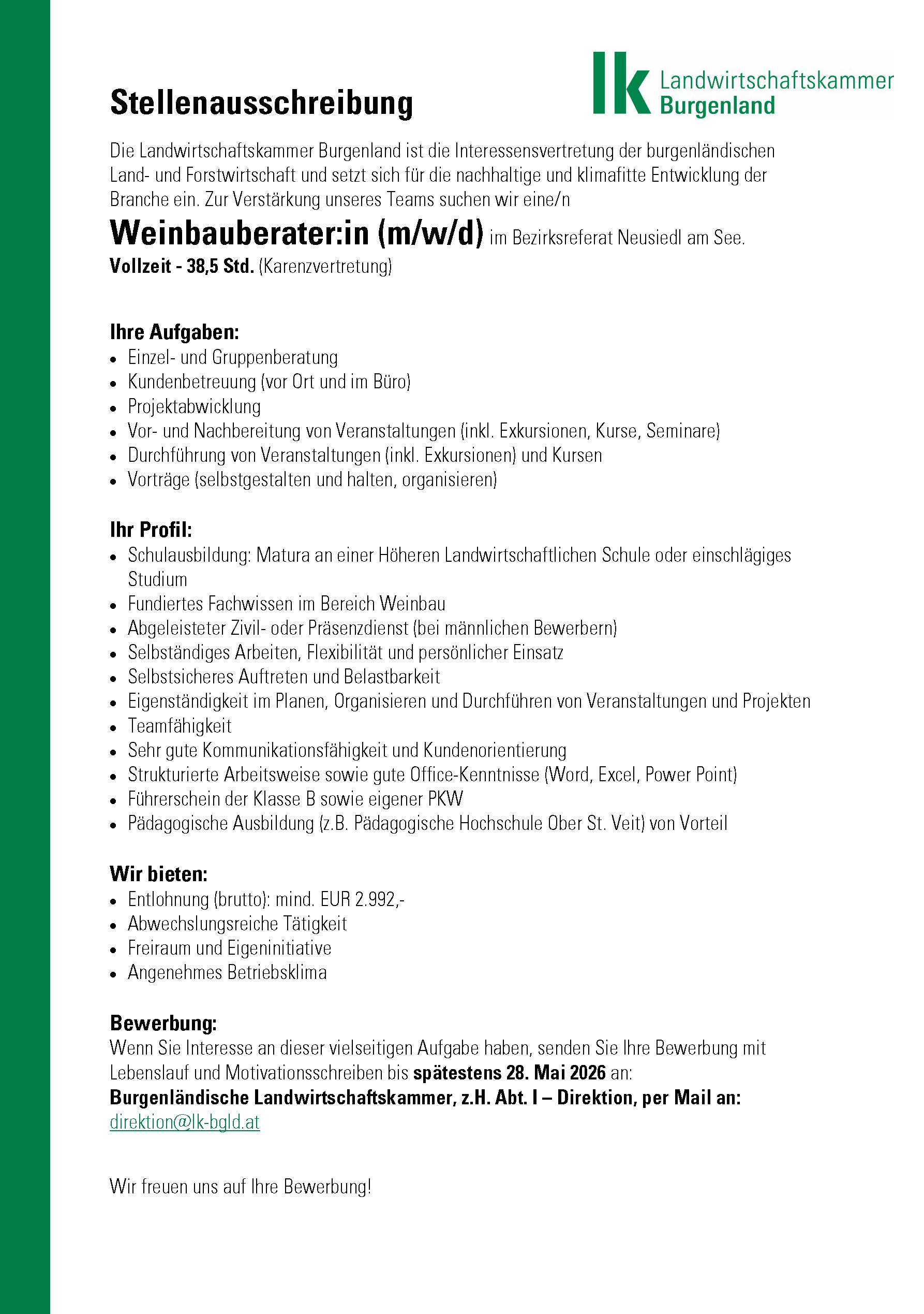 Stellenausschreibung Weinbauberater Bezirksreferat Neusiedl.png © Archiv