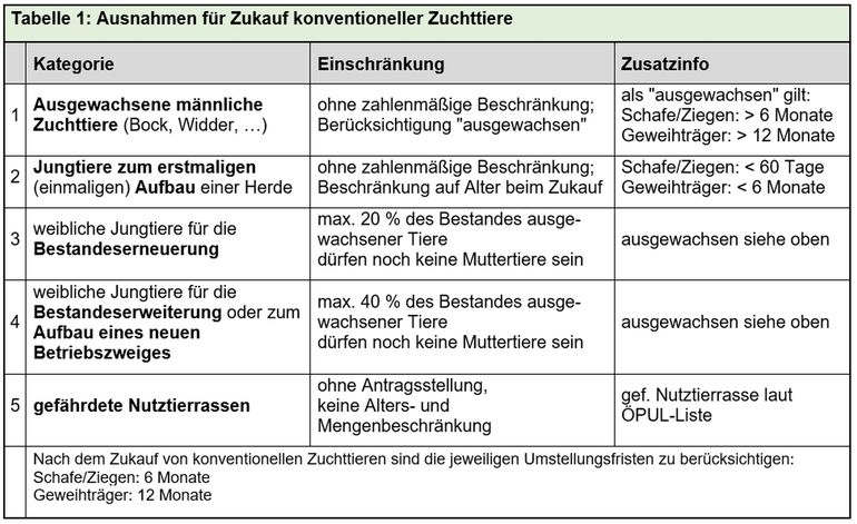 Tabelle 1_Ausnahmen für Zukauf konventioneller Zuchttiere.jpg © LK OÖ/Ottensamer