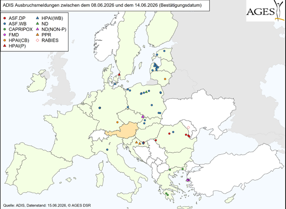 ADIS Ausbruchsmeldungen zwischen dem 08.06.2026 und dem 14.06.2026.png © AGES