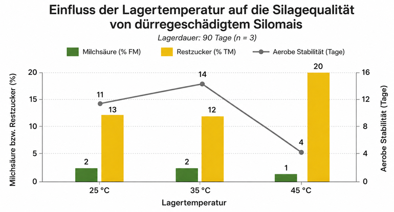 Silomais.png © Quelle: Je höher die Lagertemperatur, desto mehr Restzucker bleibt ungenutzt und desto kürzer ist die aerobe Stabilität nach dem Öffnen (eigene Darstellung, Datenbasis: Silierversuch Richter 2004, LfL Bayern, n=3).