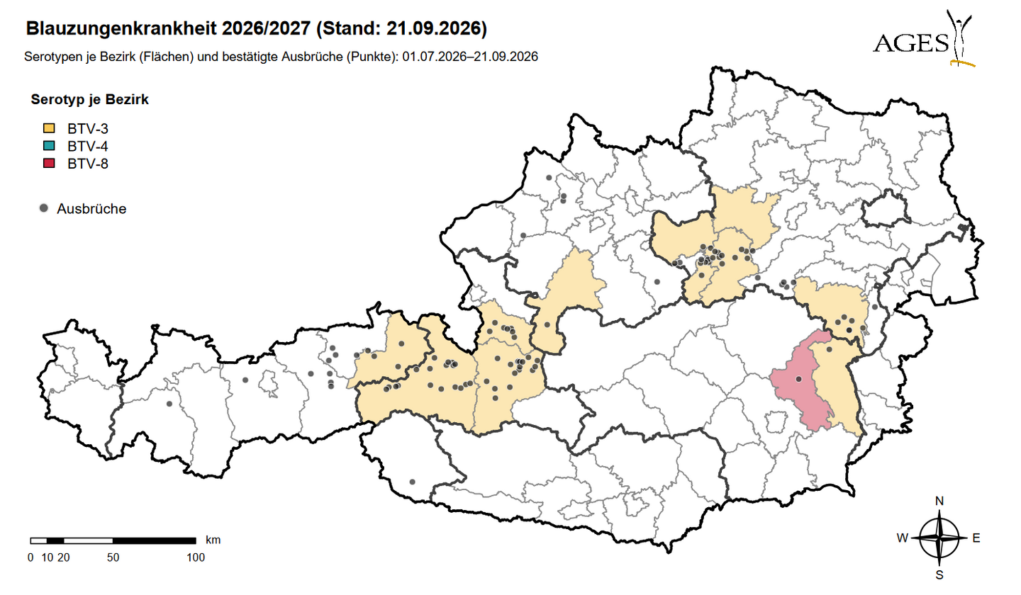 Blauzunge Verbreitung (Stand: 21.9.2026) © AGES