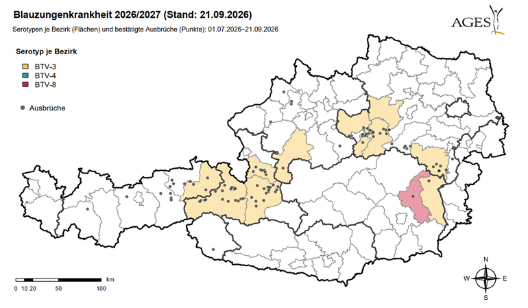 Blauzunge Verbreitung (Stand: 21.9.2026) © AGES