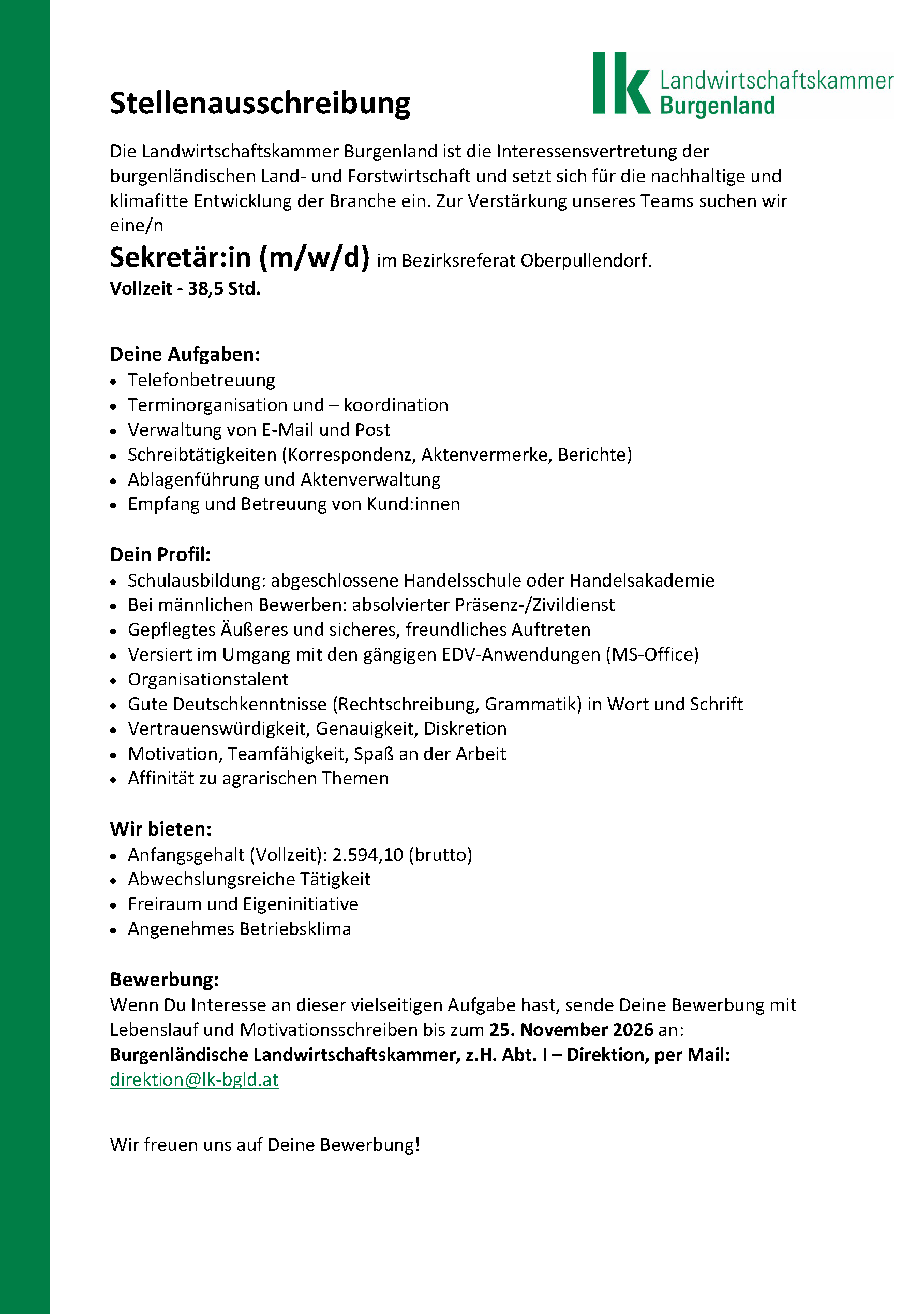 Stellenausschreibung Sekretärin  Bezirksreferat Oberpullendorf.png © Archiv